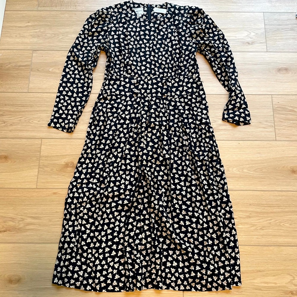 Karin Stevens Petites Vintage Midi Dress Black White Leaf Print Rayon Size 4P